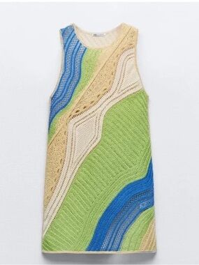 Zara Colorful Crochet Knit Tank Dress in Blue, Green & Cream